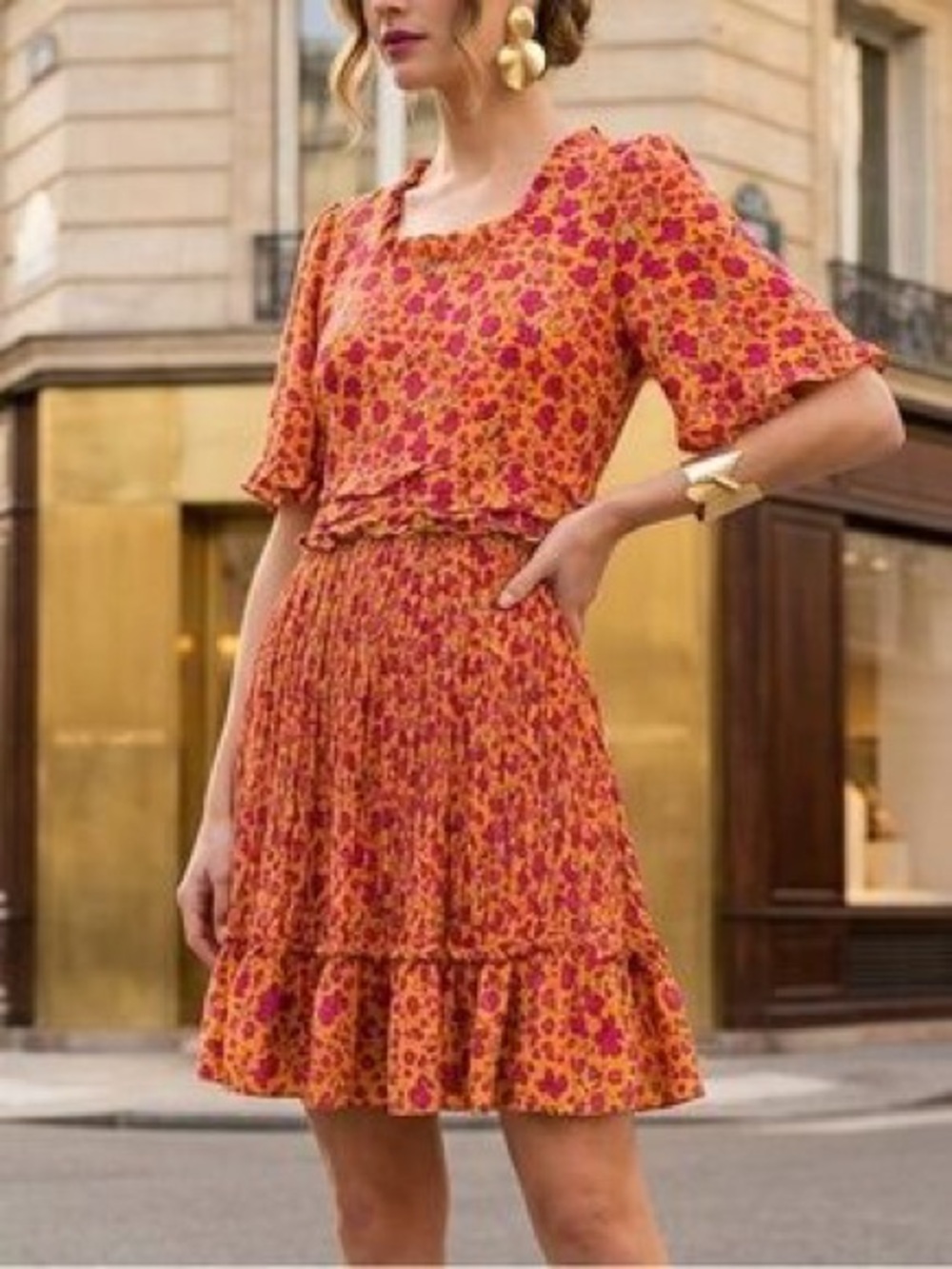 Ivy City Co Orange Floral Tiered Mini Skirt with Pink Accents